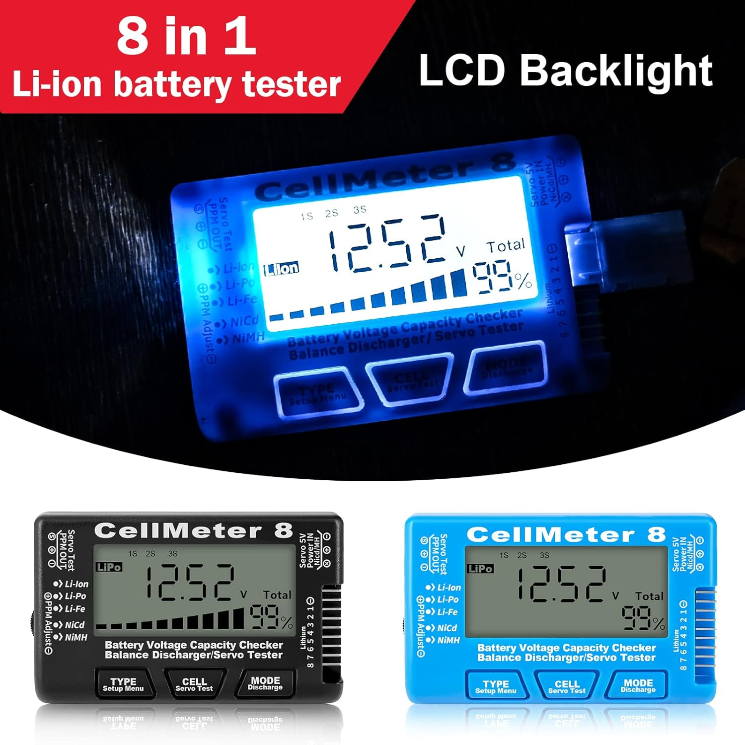 Nurdo Digital Battery Checker 8 in 1 Li-Ion Battery Tester Lipo Life Nimh Voltage Tester Black image number 5