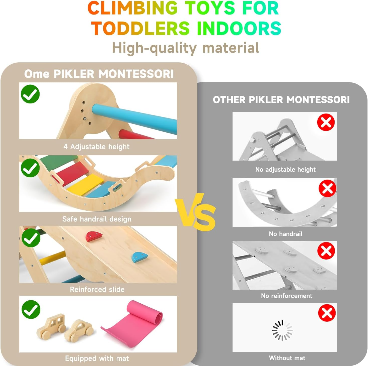 Omebel 8-In-1 Foldable Pikler Climbing Set | Baby Climbing Gym with Triangle, Ramp, Slide & 2 Toy Cars | Montessori Toys for Toddlers to Develop Motor Skills | Indoor Kids Climbing Frame (Natural)