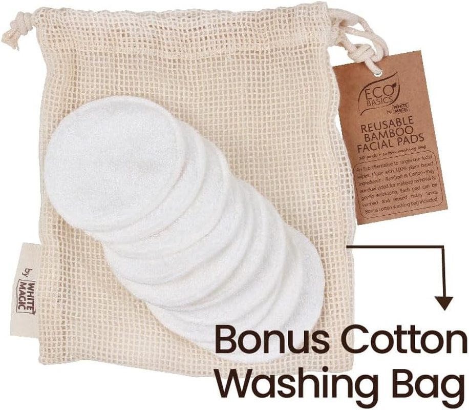 Eco Basics Reusable Bamboo Facial Pads &ndash; 100% Plant-Based, Dual-Sided for Makeup Removal & Exfoliation, Washable, Eco-Friendly with Cotton Wash Bag, Diameter 8Cm, Bag Size 20X17Cm