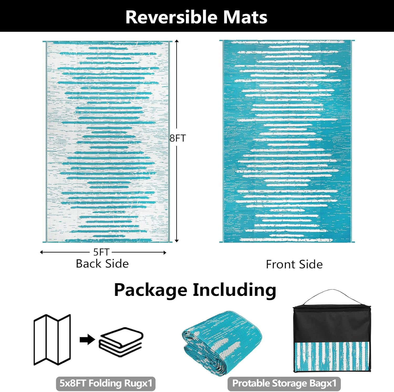 Falflor150X245Cm Outdoor Rug for Patios Waterproof Reversible Garden Mat Plastic Picnic Blanket Outdoor Floor Carpet Plastic Straw Rug for RV Backyard Beach Picnic Balcony(Teal) image number 3