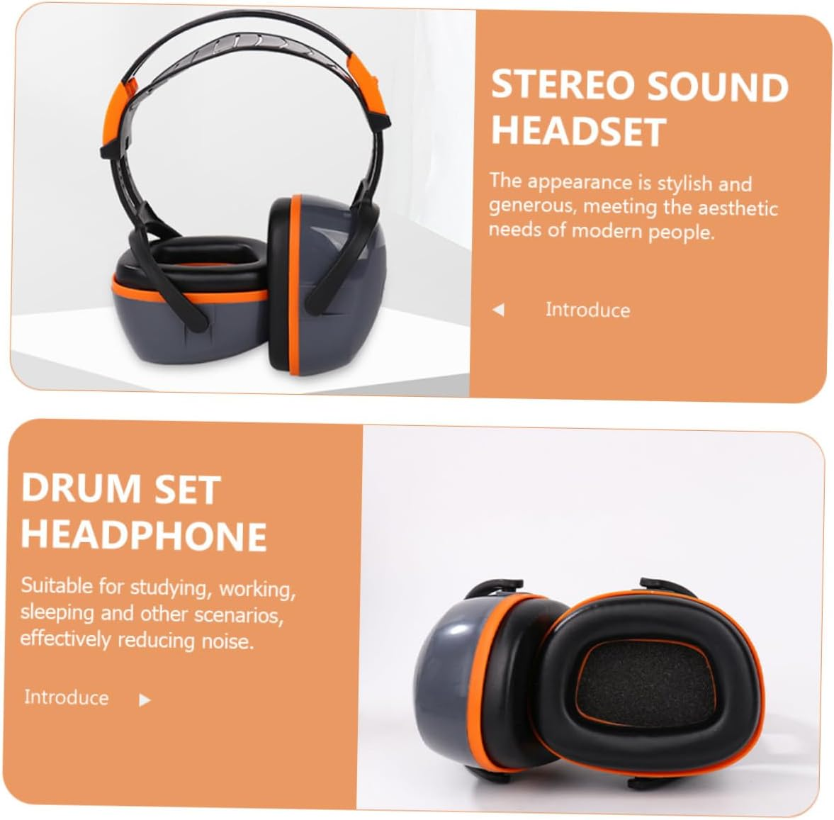 Jojofuny Noise Cancelling Ear Muffs and Professional Stereo Sound Headset, Comfortable Over-Ear Noise Reduction Ear Protection for Studying, Working and Sleeping, Orange-Grey image number 2