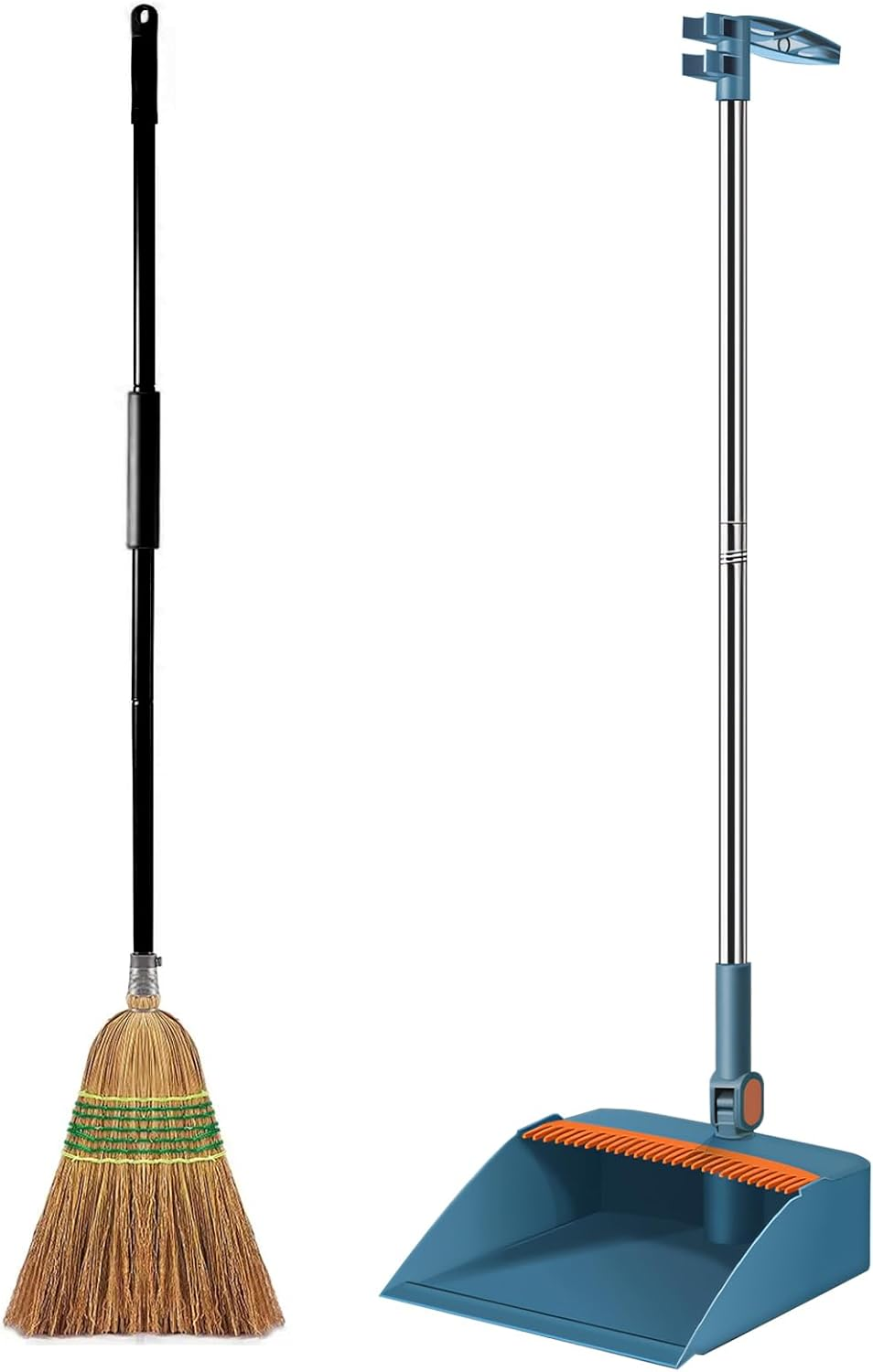Dustpan & Broom Set Indoor Outdoor Heavy Duty Corn Broom Commercial Dustpan Set for Indoor Outdoor Cleaning