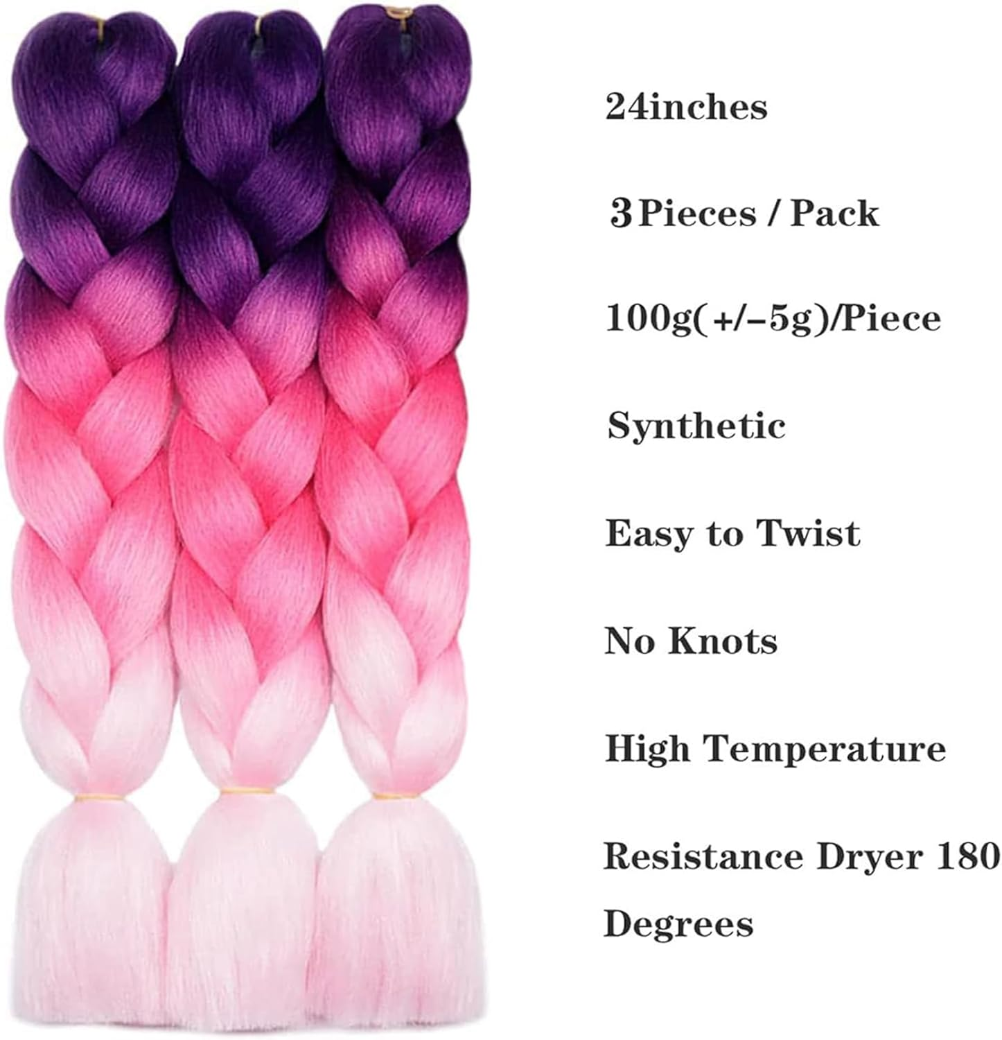 Jumbo Braiding Hair Extensions,24Inch/60Cm 3 Packs High Temperature Fiber Crochet Twist Braids Crochet Braiding Hair Purple/Rose Red/Pink(C6) - A2 image number 7