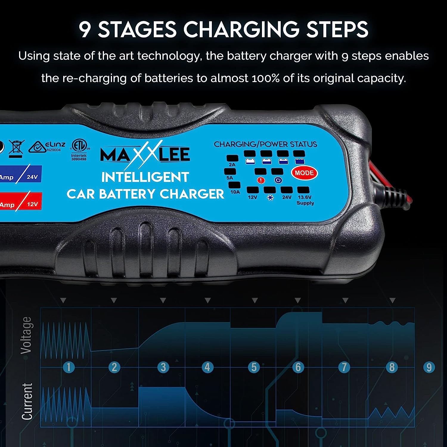 Christmas Birthday Gift Idea, Car 12V 24V Battery Charger, Trickle Charge, 2A 5A 10A Maxxlee, 2 Pcs, Smart Fully Automatic for Automotive Wet MF AGM GEL Lead Acid Batteries 9 Stage Fast, 1 Yr Warranty image number 3