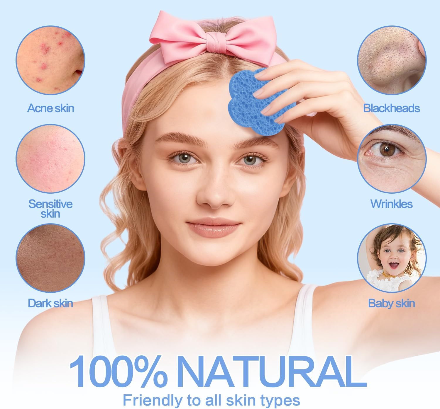 50-Count Facial Sponges, Natural, Blue, Modern Style, Reusable, Exfoliating, Cleansing, Makeup Removal, Travel-Friendly, Gift for Her - Yellow image number 2