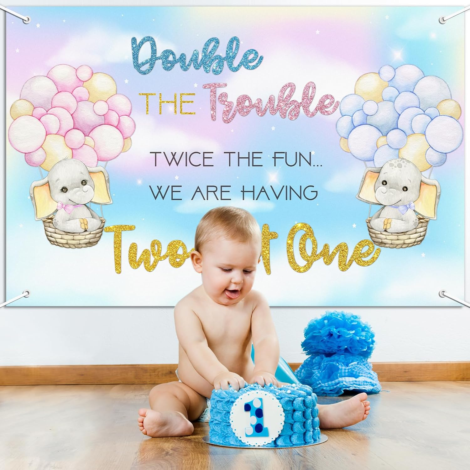 Talorine Twins Baby Shower Decorations Backdrop 6X4Ft Elephant Pink Blue Gender Reveal Party Decorations for Twins Double the Trouble Twice the Fun We Are Having Two Not One Party Supplies image number 2