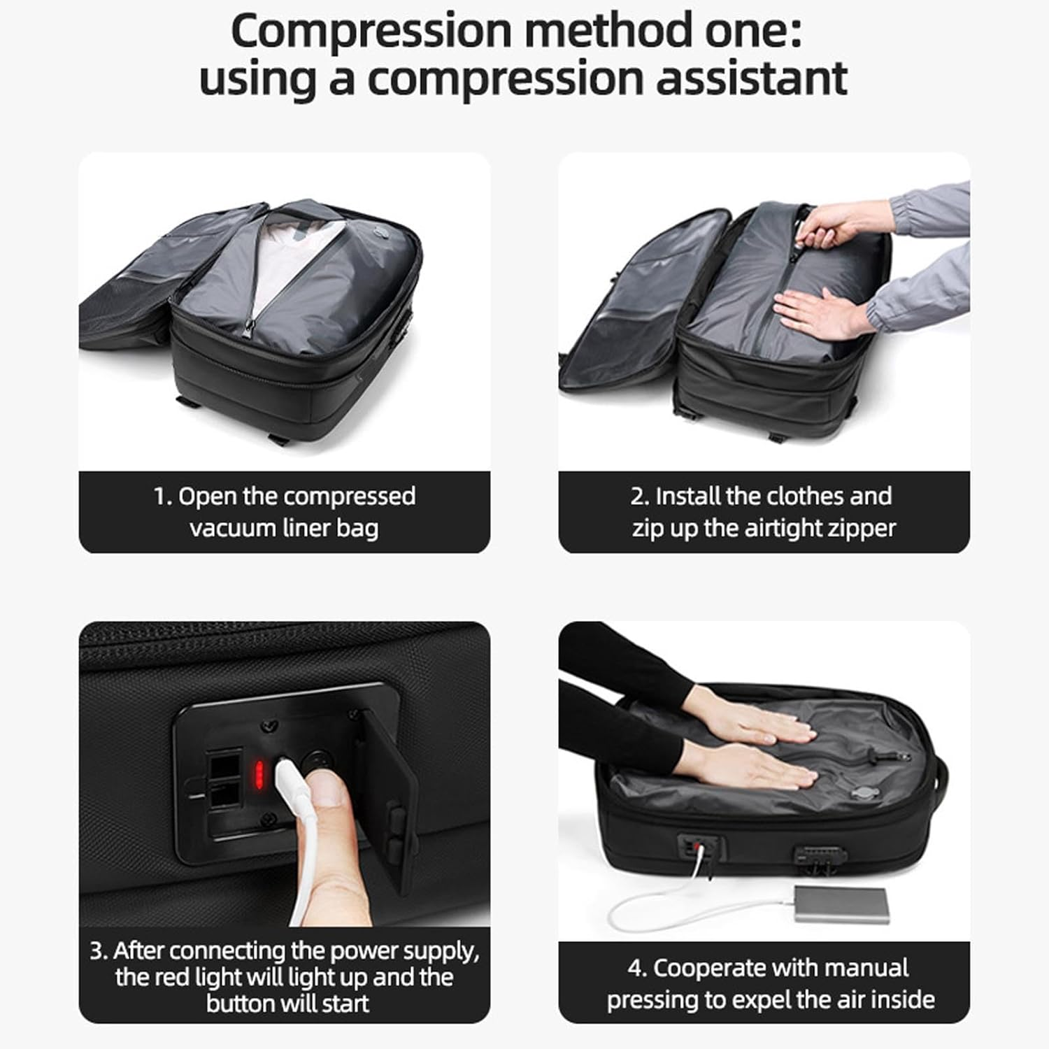 60L Vacuum Backpack Water Expandable with Password Lock & Type C Interface for Travel, 17 Inch Laptop Bag image number 4