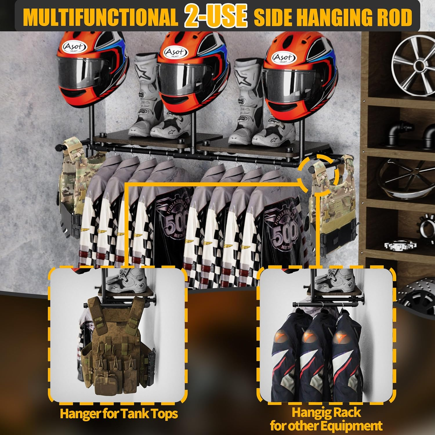 Double Motorcycle Helmet Holder Wall Mount, Helmet Hanger and Jacket Holder Wall Mount, Riding Gear Display Rack with 4 Hooks, Helmet Stand for Accesories Storage (3 Helmets)