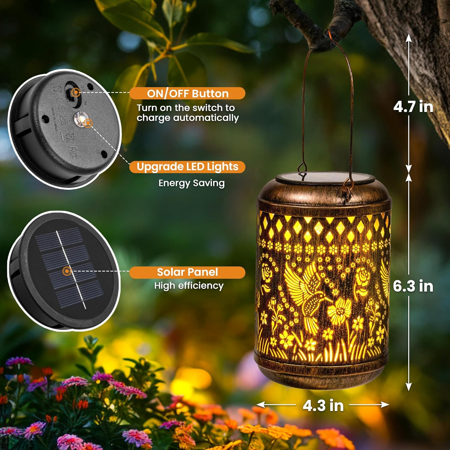 Solar Hanging Lanterns Waterproof Outdoor Garden Lights with Hummingbird Design | Decorative Solar Metal Lanterns for Patio, Yard, Porch & Backyard image number 4