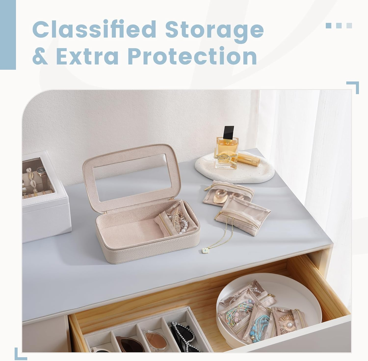 Lolalet 8 in 1 Travel Jewelry Case with Velvet Pouches, Clear Window Travel Jewelry Organizer Bags for Earrings, Bracelets, Necklaces and Rings, Compact Jewelry Storage for Women Girls- Beige, 7Pcs - Blue image number 4