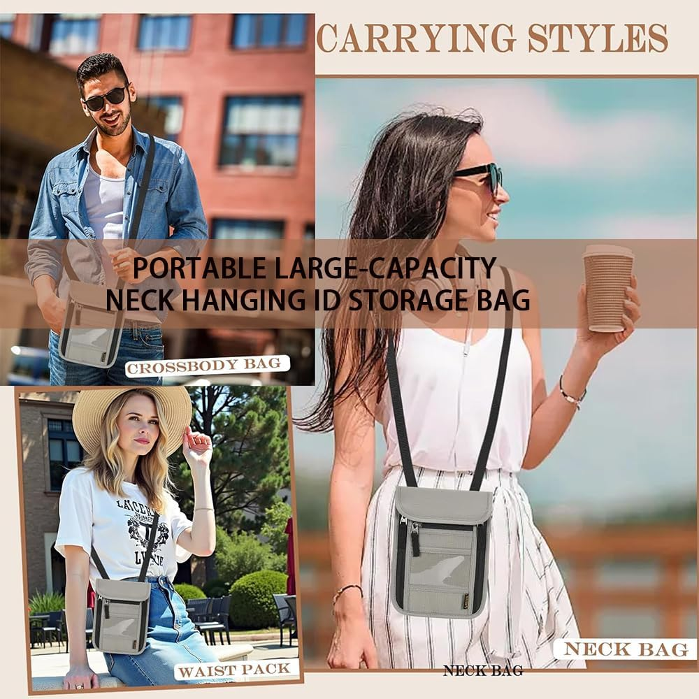 RUTREZOGO Travel Neck Bag Passport Holder with Adjustable Strap, Unisex Lightweight Document Organizer with Zipper for Cash, Credit Cards, and Travel Essentials (Light Gray)