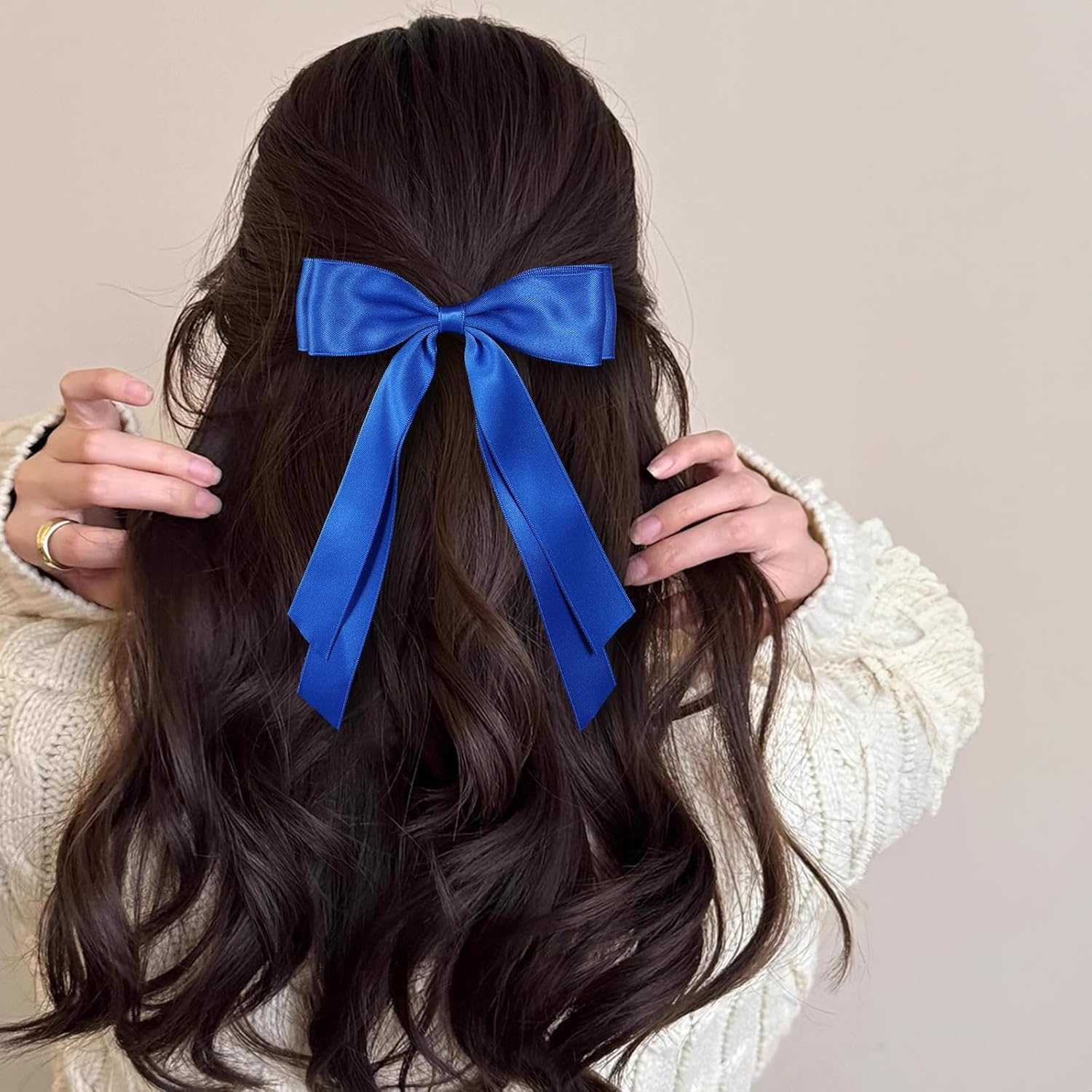 Large Hair Bows Alligator Clip Satin Ribbon Ponytail Hair Barrettes with Long Tail Wedding Dress Decor Accessories for Women (Royal Blue, 12.5 * 20CM) image number 5