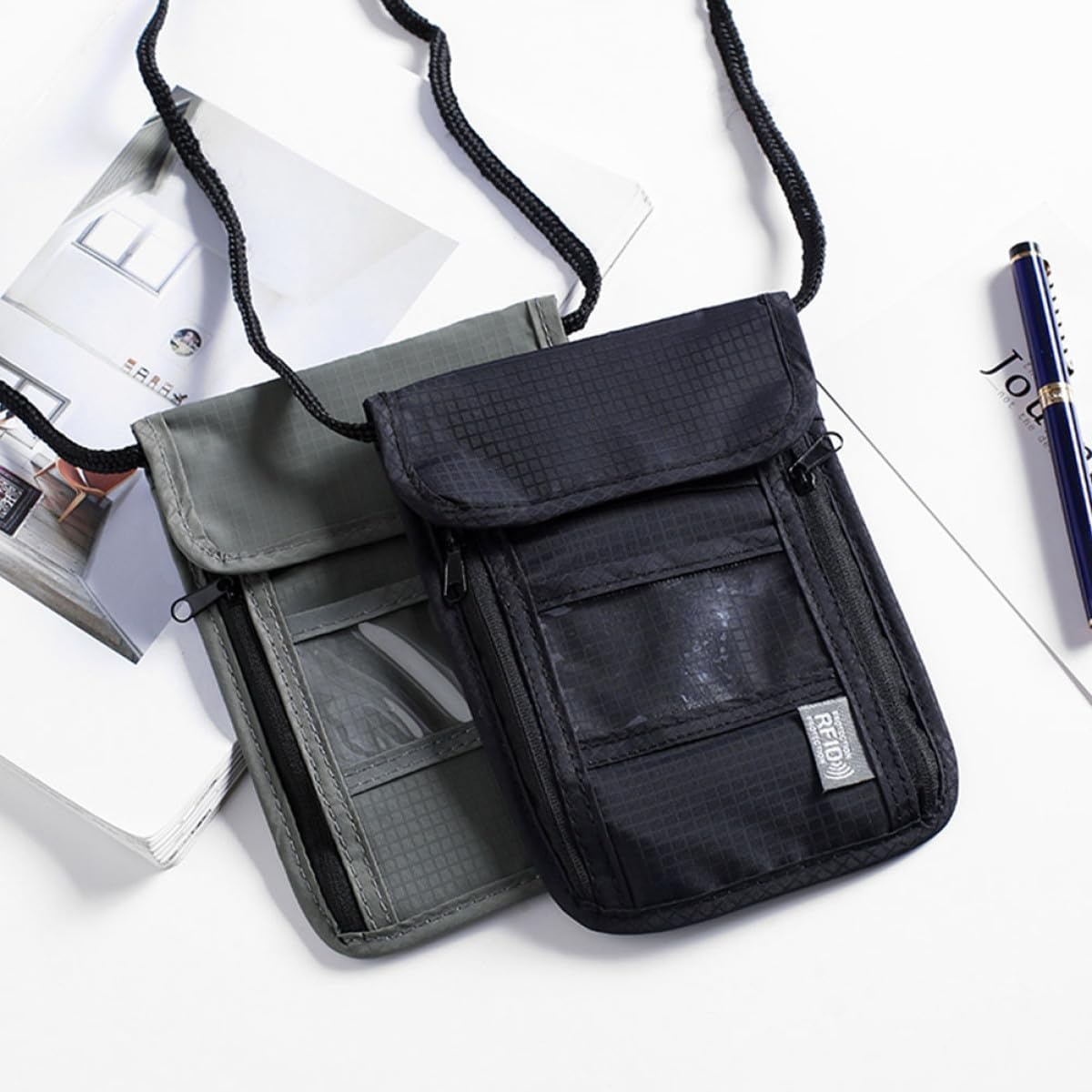 SECFOU Travel Passport Holder Wallet Neck Hanging Bag with Transparent Pocket Multifunctional Credit Card Organizer and Phone Pouch for Men Women Grey image number 1