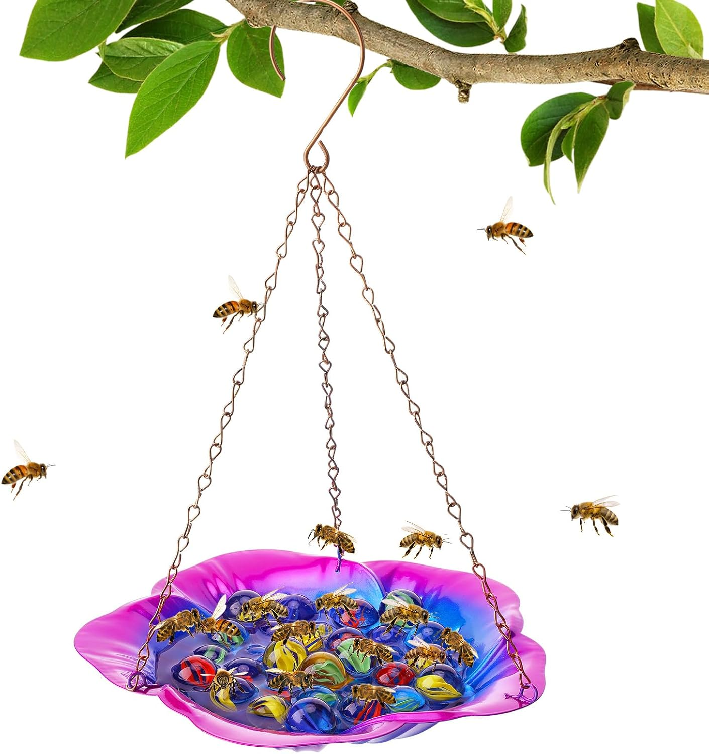 Bee Feeder with Vivid Flower Design, Anti-Rust Iron Bee Watering Station for Feeding, Colorful Butterfly Bath Bowl Bee Cups with 30 Glass Marbles for Outdoor Yard Garden Decor Gifts (Blue-Purple)