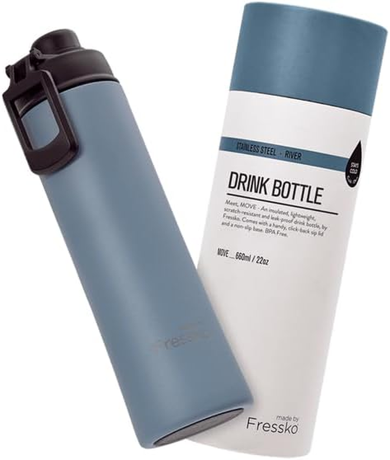Made by Fressko | Move Wide Mouth Insulated Stainless Steel Water Bottle-River | with Sip Lid | 22 Oz 660Ml |Bpa-Free | Leak Proof Lid