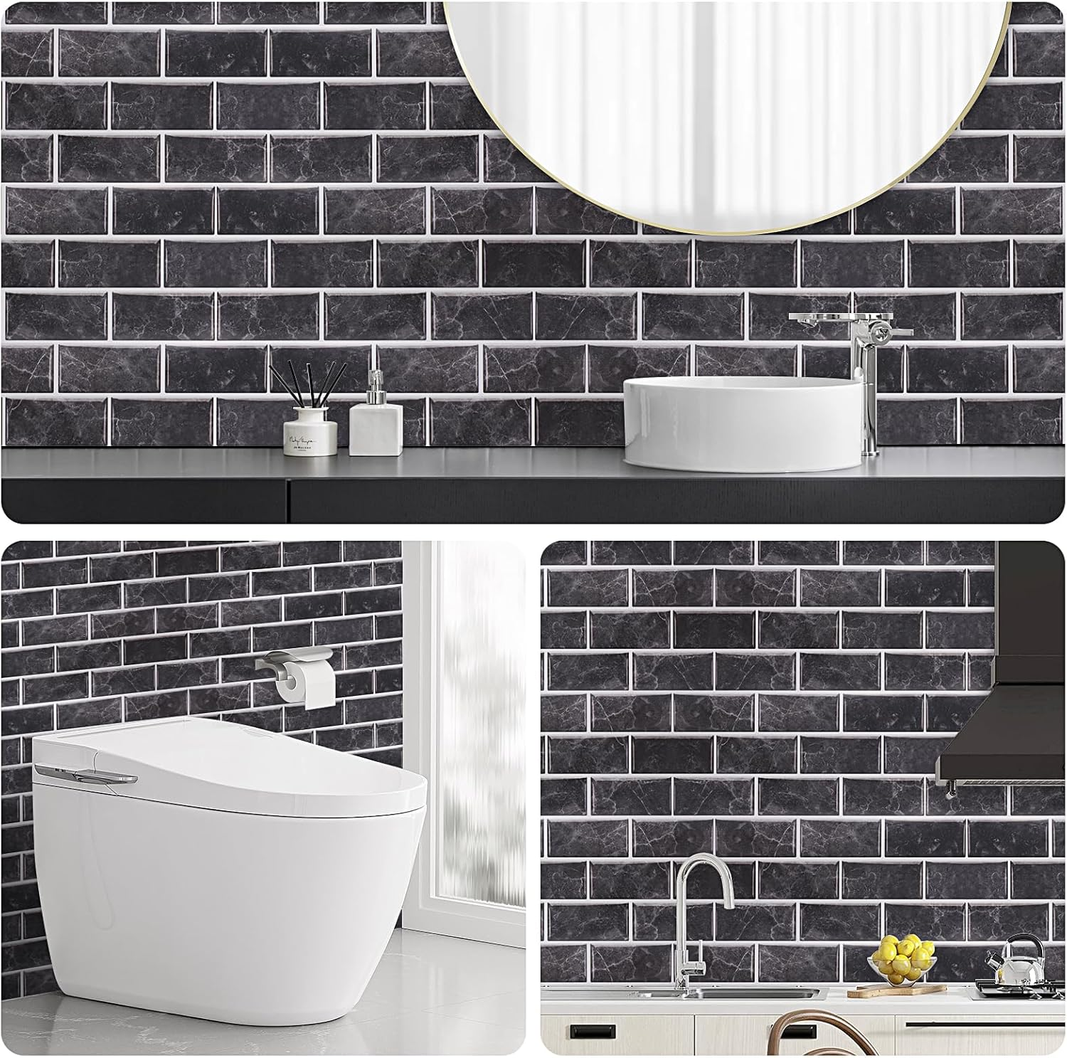 12 PCS Peel and Stick Tiles Kitchen, Stick on Kitchen Tiles, Tiles Self Adhesive, Tile Stickers for Kitchens, Bathrooms, Wall Art and Interior Decoration(Black) image number 5