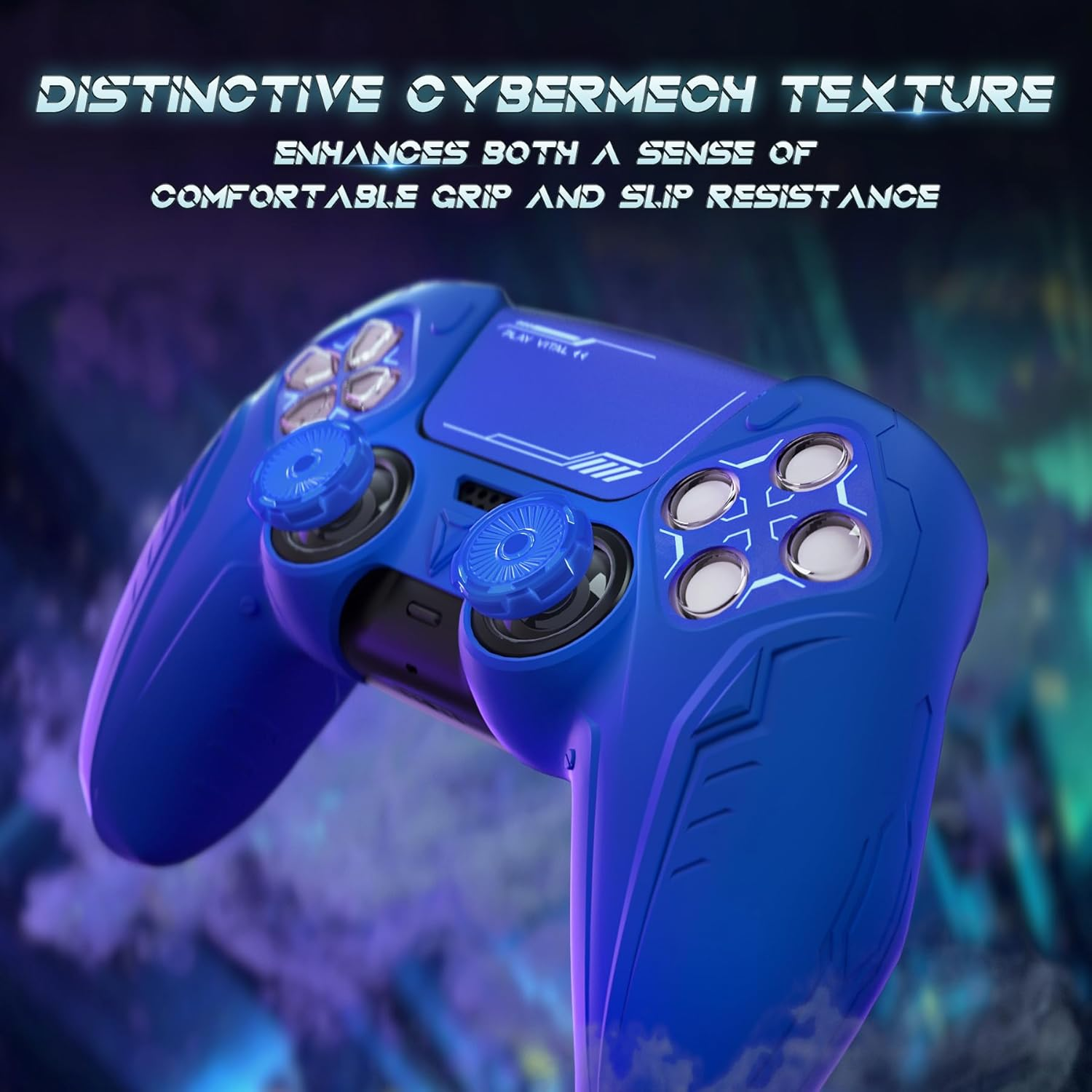 Playvital Silicone Grip Skin for Ps5 Controller - Anti-Slip|Premium Silicone Material|Perfect Fit|Futuristic Cybermech Design|Compatible with Ps5 Official Charging Dock - Blue image number 2