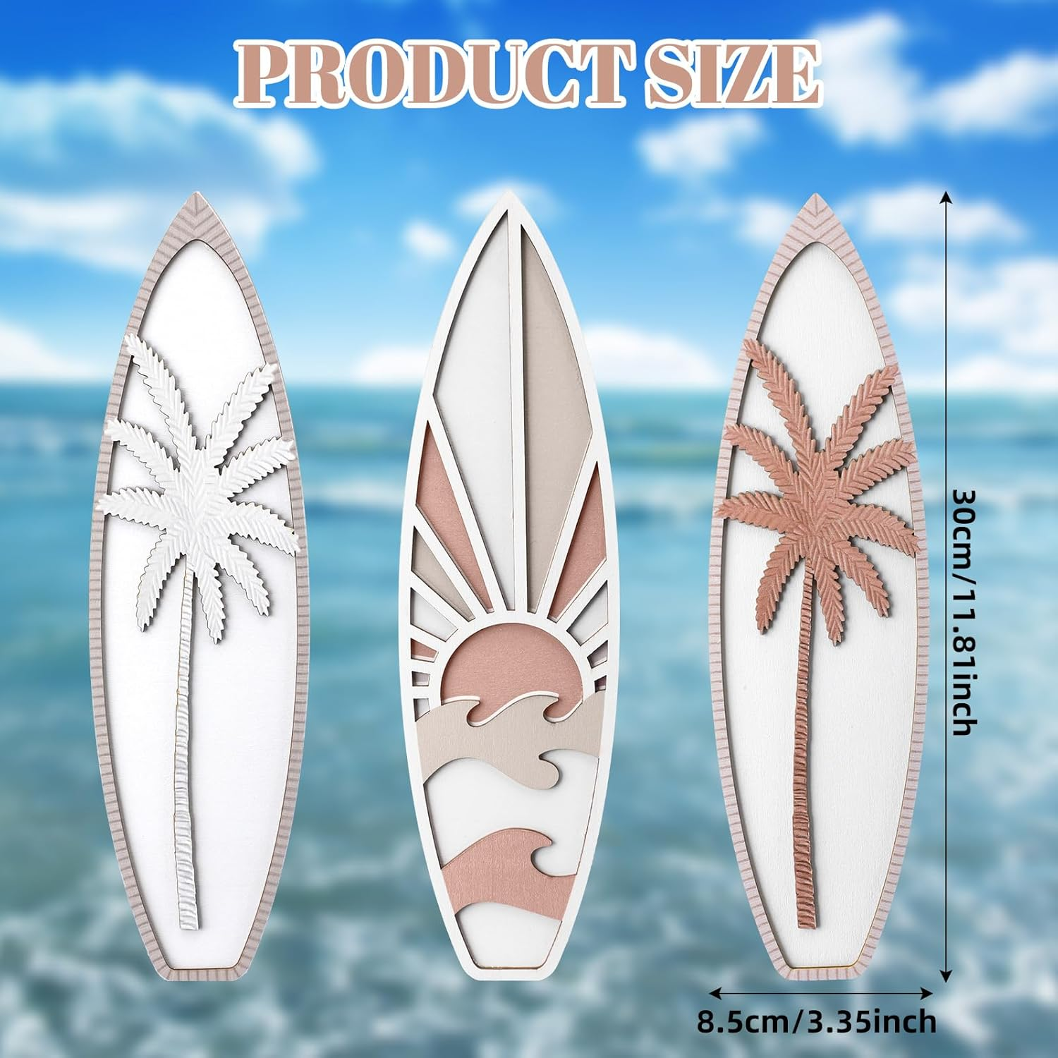 Rattanview 3 Pieces Surfboard Decor for Bedroom Wooden Beach Wall Decor Summer Wood Surfboard Wall Hanging Sign for Tropical Living Room Decoration (Coconut Tree,Boho Color) - As Picture Shown image number 3