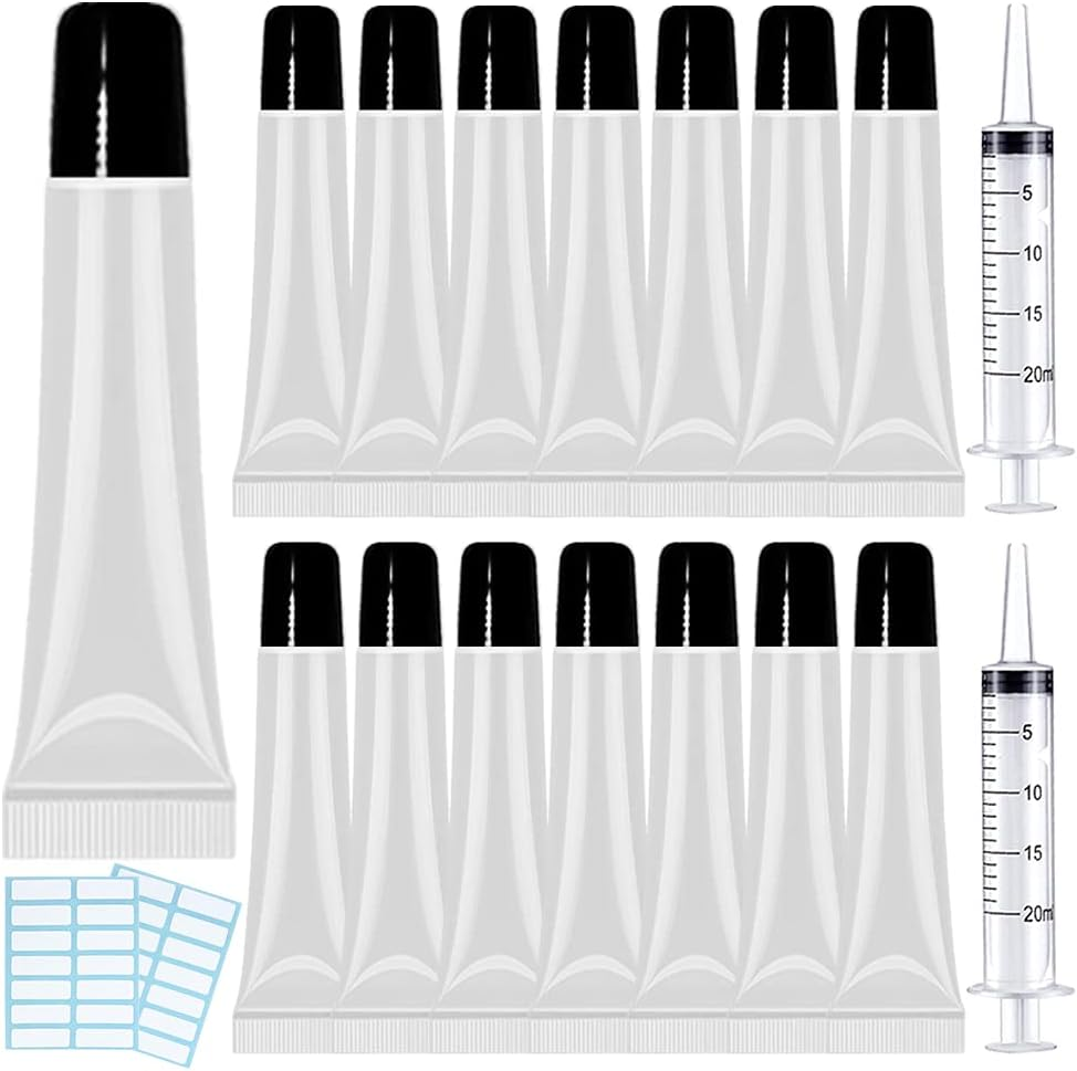AMORIX 50PCS Lip Gloss Tubes 20Ml Pink Cap Lip Gloss Containers Empty Lip Balm Tubes Refillable Cosmetic Squeeze Lipgloss Tubes + 2 X 20Ml Syringes Tag Labels for DIY Lip Gloss Glitter