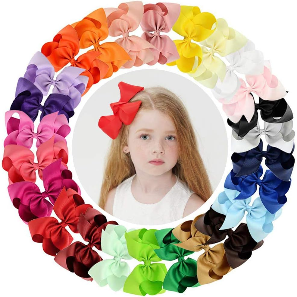 6Inch Large Solid Grosgrain Ribbon Hair Bows with Alligator Clips for Teens Kids Set of 30 Colors