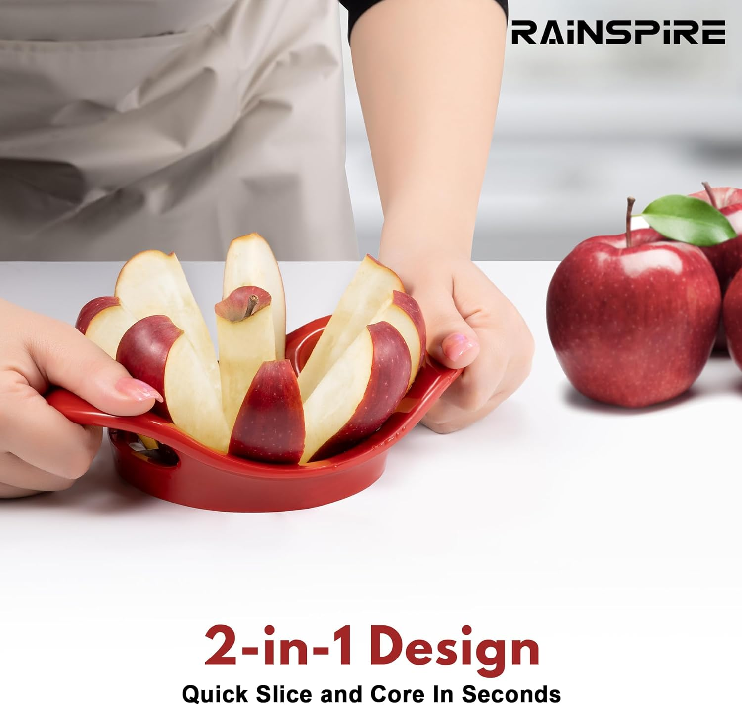 Rainspire Apple Cutter 8 Slices, 8 Blade Apple Slicer and Corer, Apple Corer Tool with Stainless Steel Blades, Super Sharp Fruit Cutter Fruit Slicer, Red image number 2