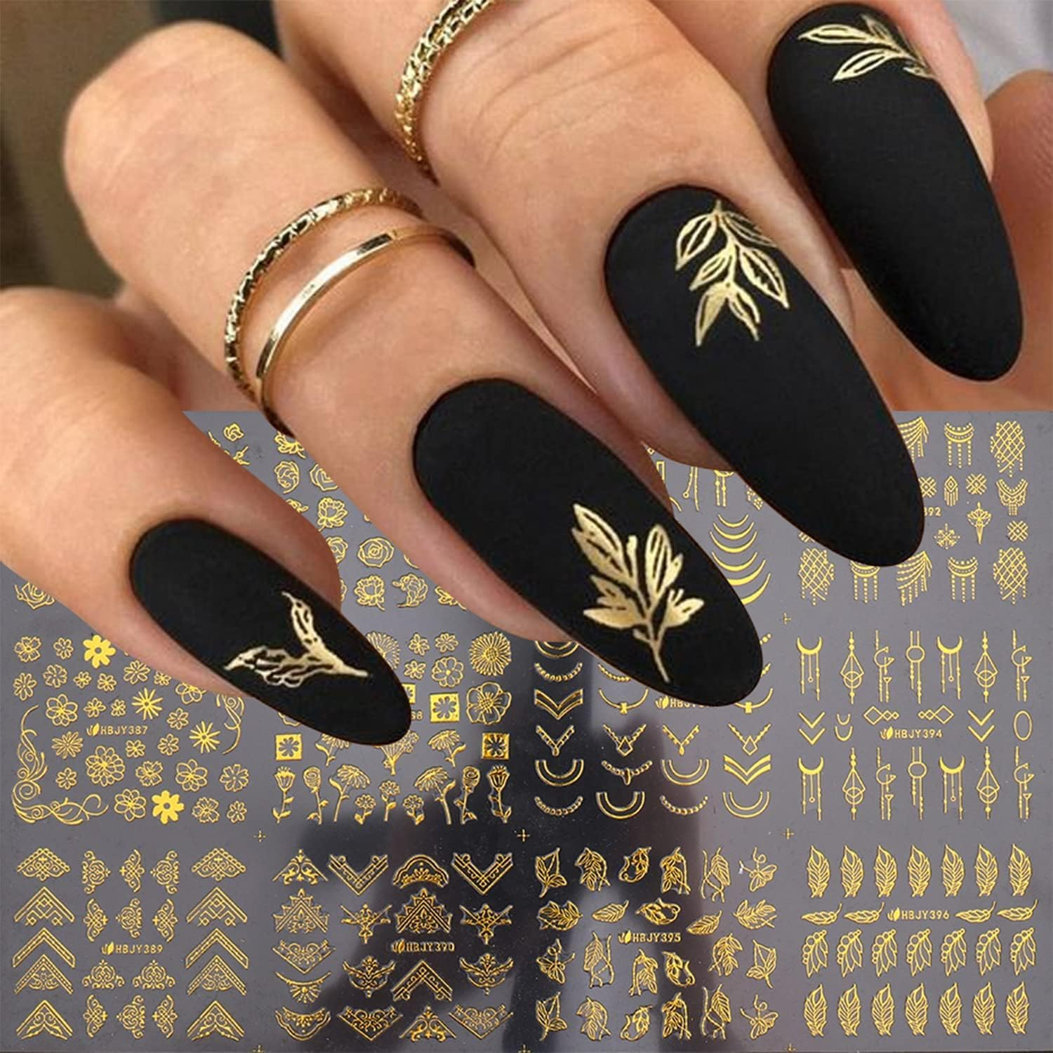 Flowers Nail Art Stickers Decal 3D Self-Adhesive Gold Flower Leaf Lace Nail Supplies Flower Nail Stickers Geometry Line Nail Designs for Women Girls Nail Art Decorations(Gold) image number 5