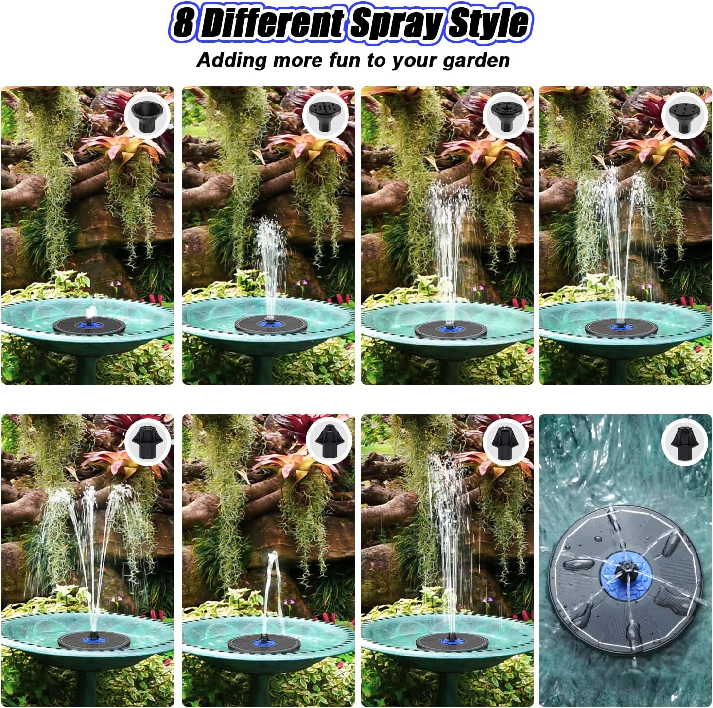 SZMP Solar Fountain 2023 Upgrade, 3.5W Solar Powered Bird Bath Fountains with Flower, Outdoor Water Feature Fountain Pump with 7-In-1 Nozzles, 4 Fixed Pipes for Humingbirds, Garden, Pool, Pond image number 2