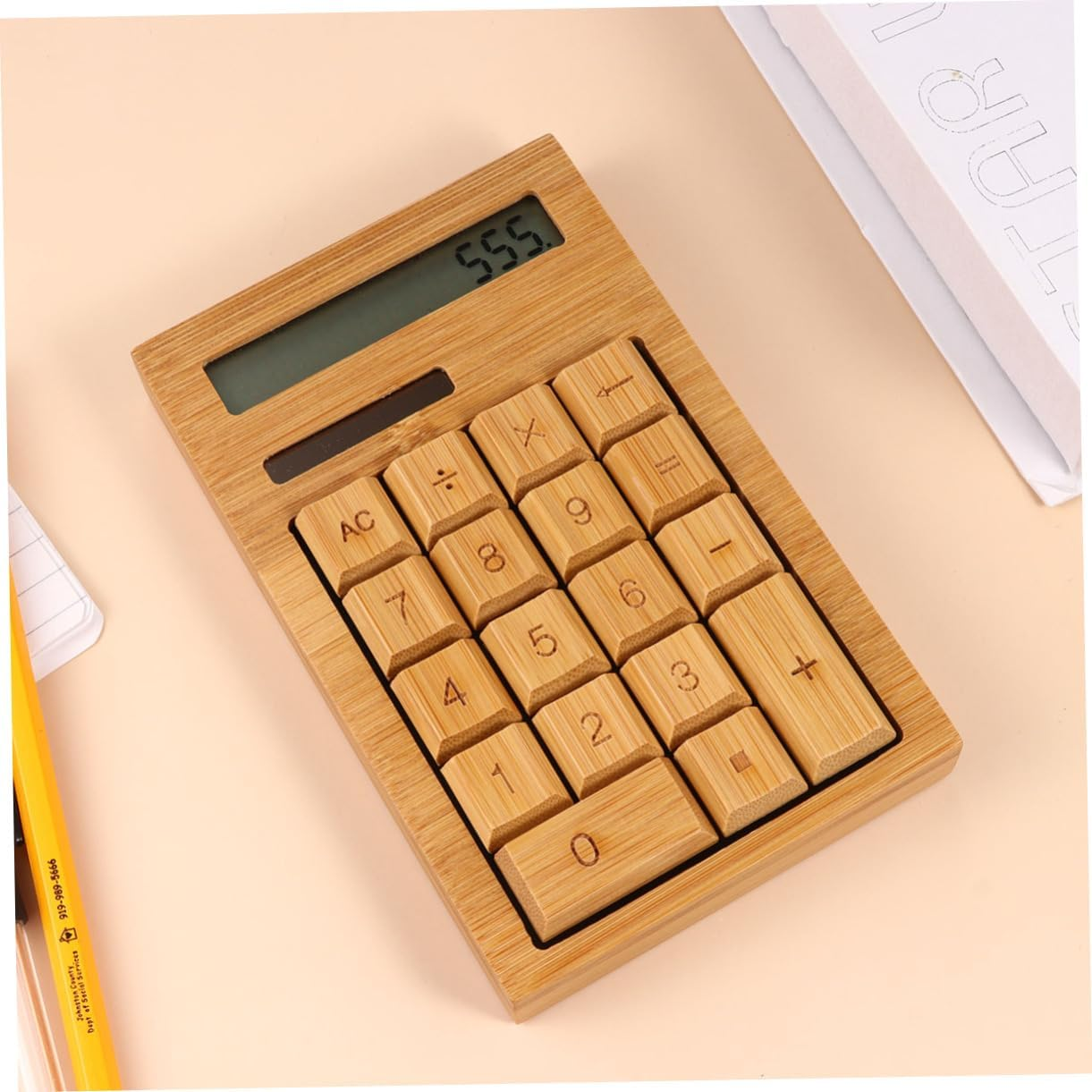 PLAFOPE Portable Bamboo Solar Calculator 18-Key Compact Electronic Calculator Right Angle Keys for Office, School, and Home Use image number 5