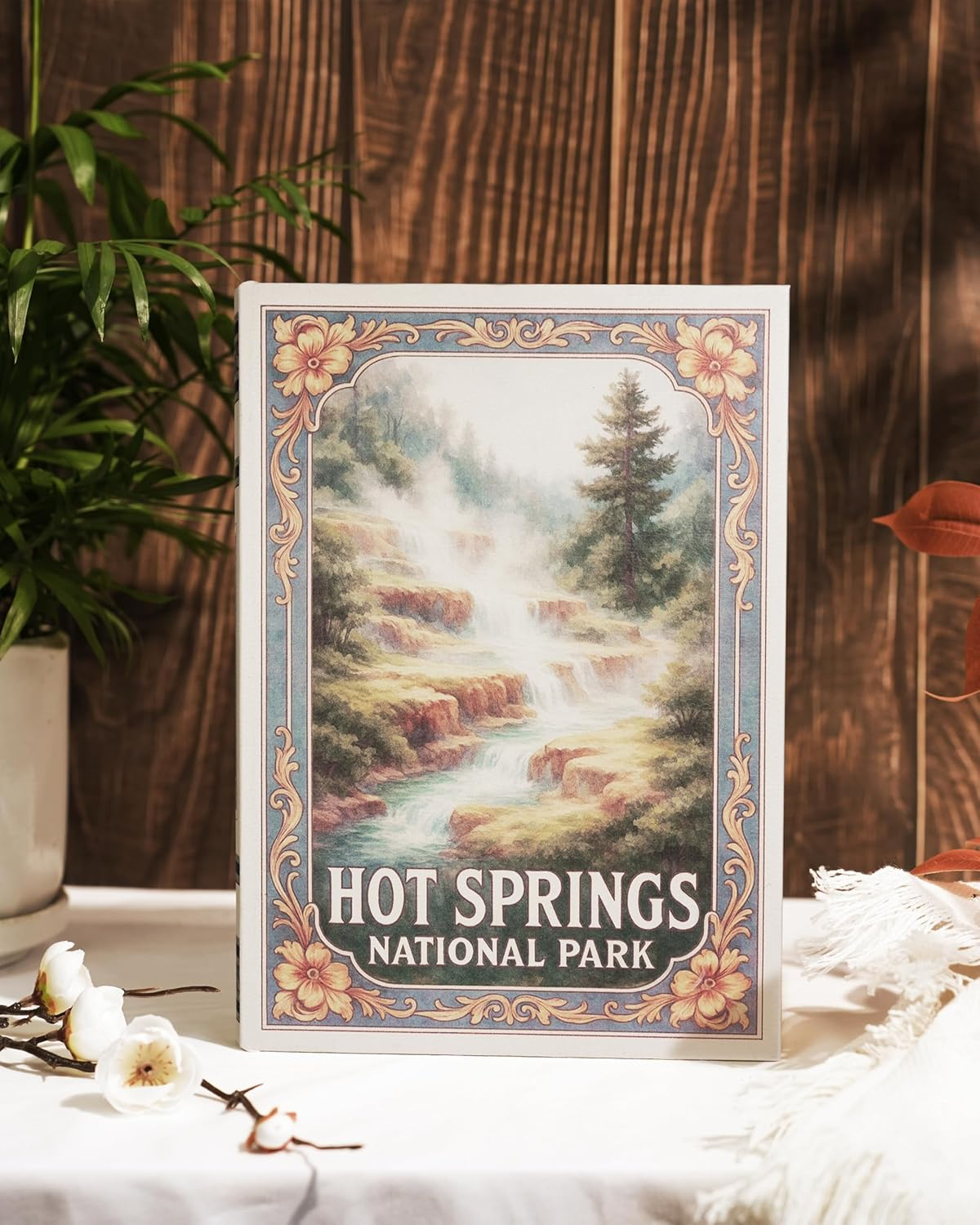 Decorative Wooden Book Box - Vintage Faux Book Boxes with National Park Design, Secret Storage with Magnetic Closure, Leather Cover, Perfect for Home Office Bookshelf (1 X Hot Springs) image number 1