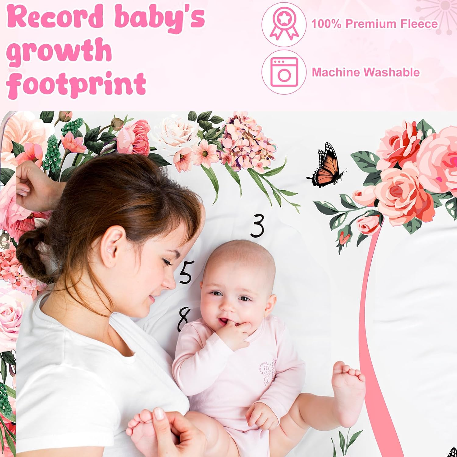 Chumia Baby Monthly Milestone Blanket - Floral Butterfly Design, Pink, 39"X59" - Flannel, Single Layered, Baby Milestone Blanket image number 4