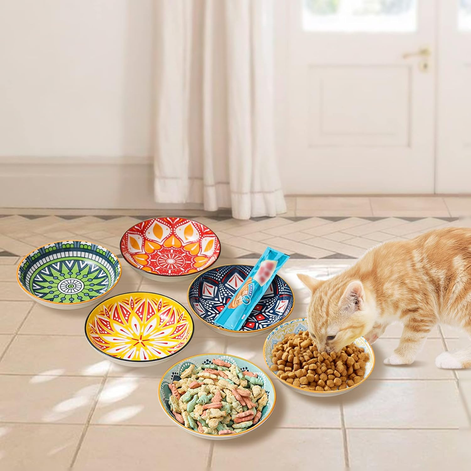 5.5 Inch Wide Shallow Cat Food Bowl Set for Relief Whisker Fatigue -Ceramic - 6 Colorful Cute Small Flat Kitten Feeding Dish/Dishes - Microwave and Dishwasher Safe - 8 Oz