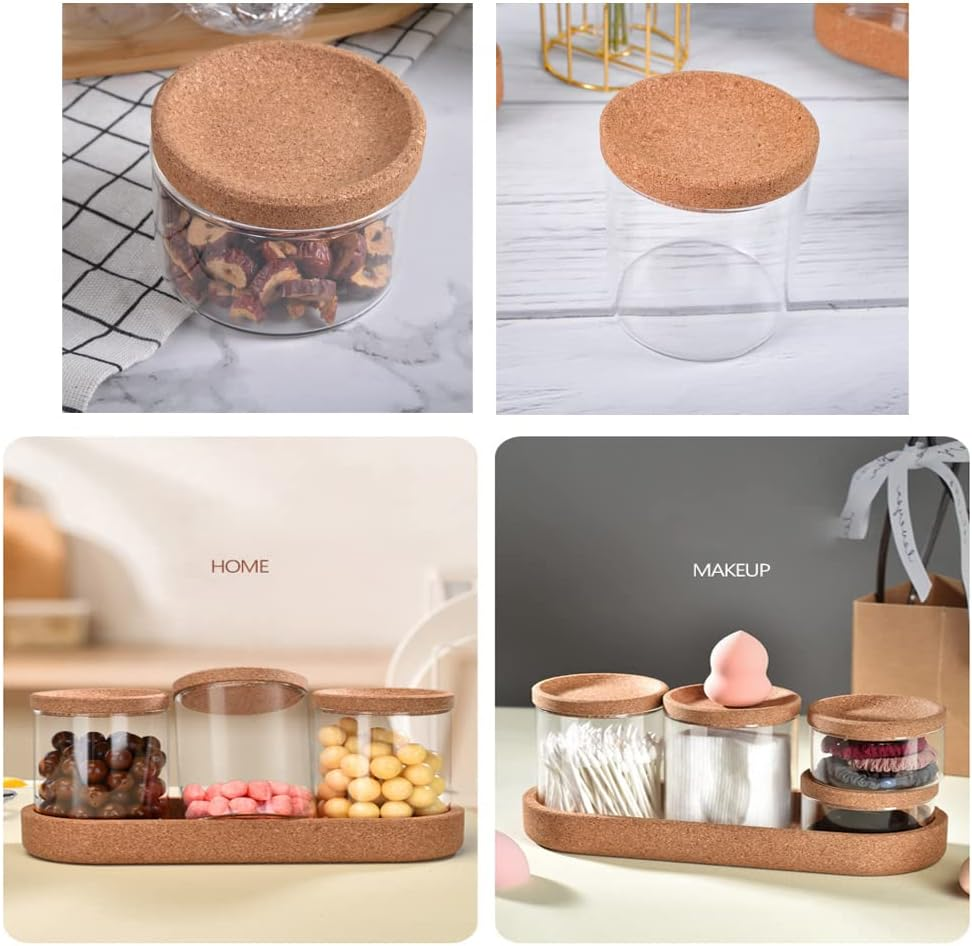 Bathroom Storage Organizer, 4 Pack Apothecary Glass Jars with Lids, for Cotton Swabs, Cotton Pads, Bath Salts, Makeup Sponges, and Hair Accessories(Glass&Tray) image number 6