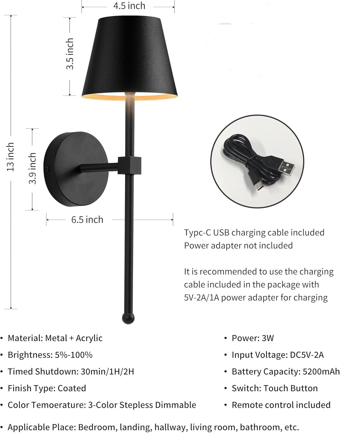 Wall Light Battery Operated Sconce Set of 2, Not Hardwired Fixture,Wall Sconce with Remote Dimmable Light Bulb,Easy to Install Not Wires,For Bedroom, Lounge, Farmhouse