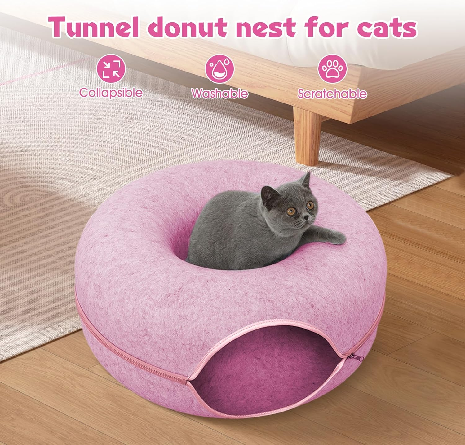 Cat Tunnel Hideout - Scratch Resistant Universal Bed for All Seasons, Premium Felt Cave, Pink 50Cm - Dark Blue 60Cm image number 3