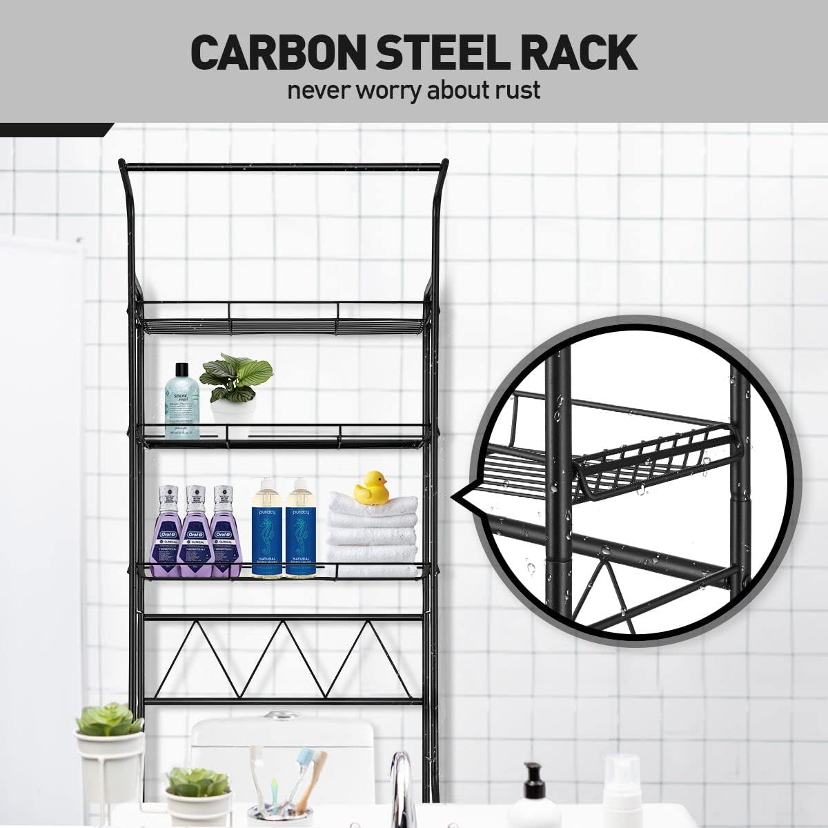 3-Tier over Toilet Washing Machine Shelf Steel Freestanding Bathroom Rack Laundry Shelf Storage Organizer - Black-R1 image number 4
