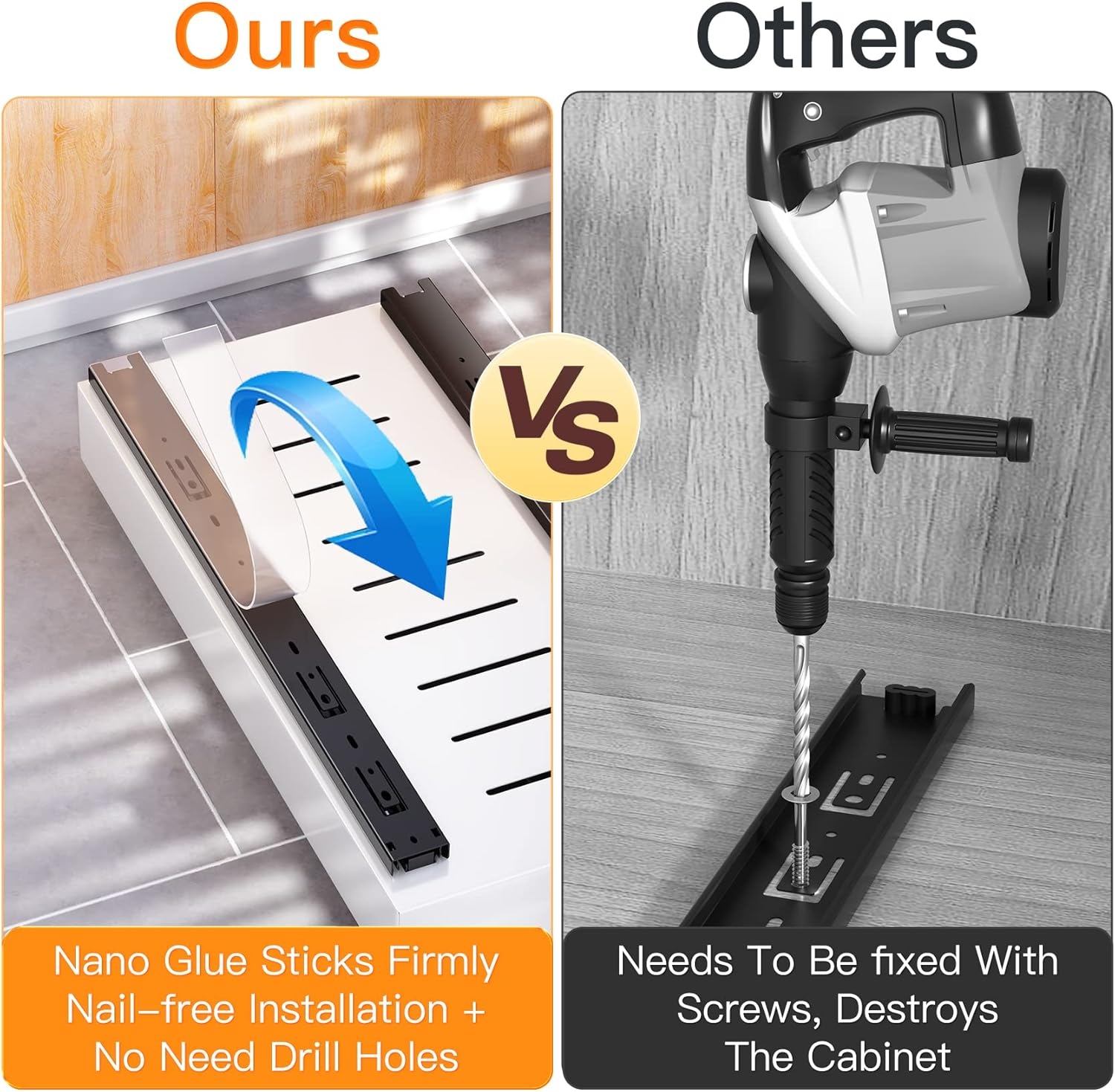 Kitstorack Pull Out Cabinet Organizer Fixed with Adhesive Nano Film,Heavy Duty Storage and Organization Slide Out Pantry Shelves Sliding Drawer Pantry Shelf for Kitchen 16.9''D X 9.8''W X 3.1''H image number 7