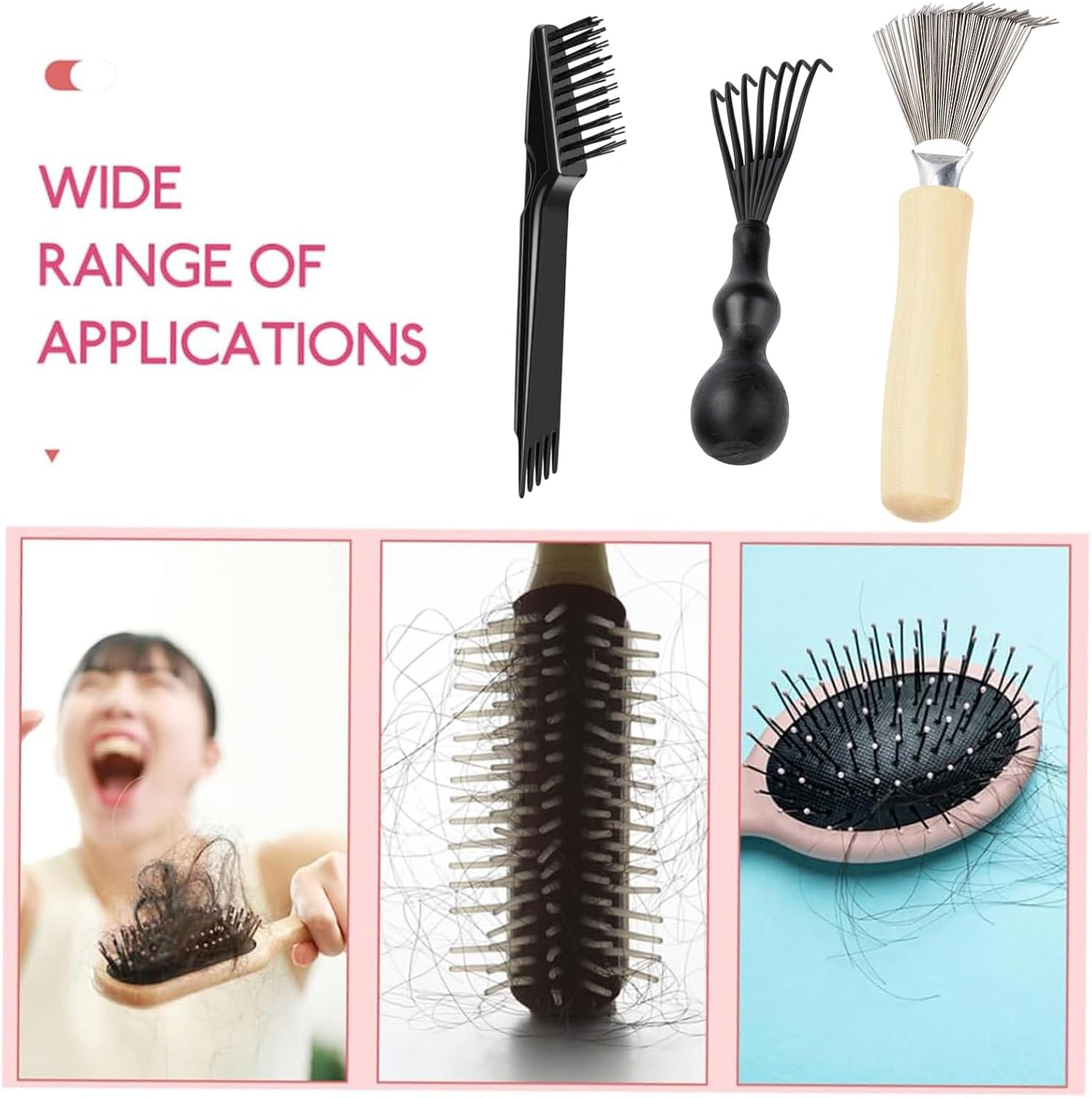 3 PCS Brush Cleaner, Hair Tools Cleaning Set, Wooden Handle Mini Rake and Dual Head Brush, Portable Cleaning Tools for Hairbrushes and Combs, Hair Styling Tools Maintenance Kit image number 2