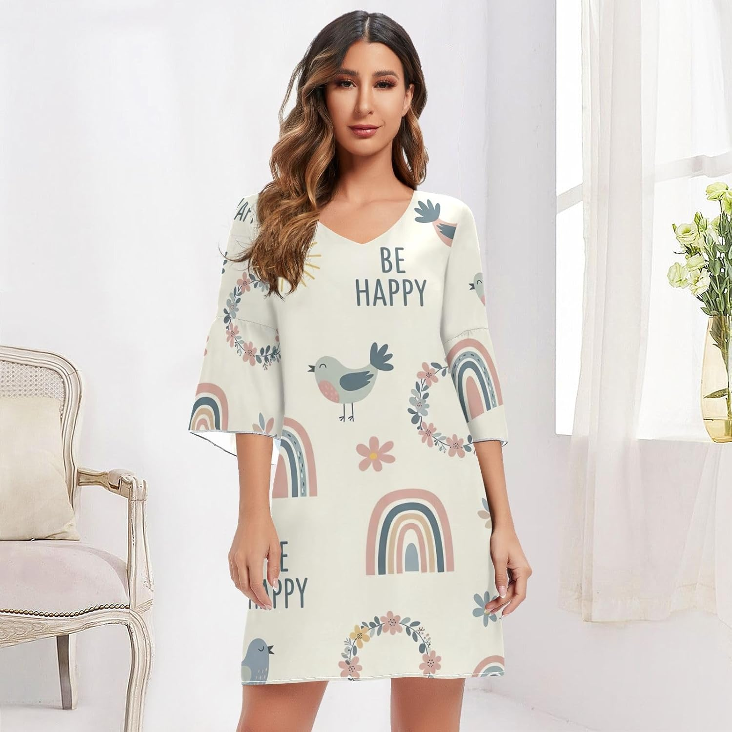 Cyte Cartoon Rainbows Beige Ladies Chiffon Dress Printed Line Maternity Dress image number 2