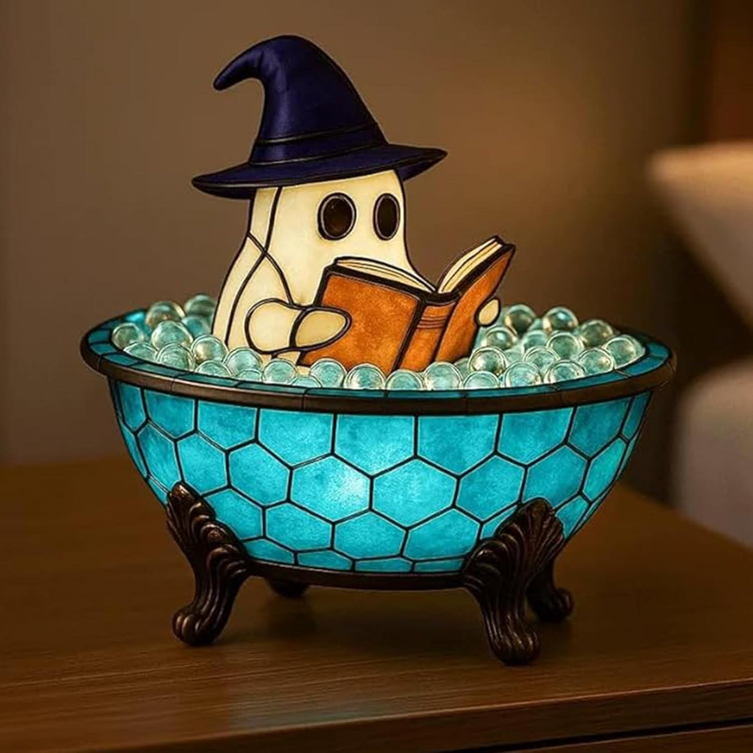 Ghost Reading Book Lamp, Handmade Ghost Bubble Bath Lamp, Halloween Night Light, Ghosts Campfire Nightlight, Ghosts-Themed Bathtub Accent Lamps for Halloween Party (A) image number 4