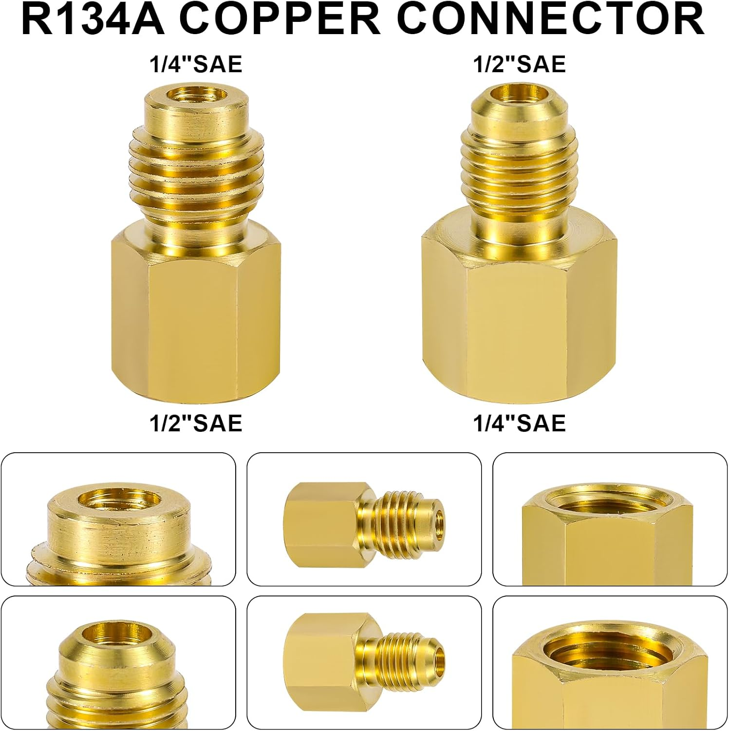 4Pcs Brass Refrigerant Tank Adapter, R134A to R12 Adapter Fittings 1/4 SAE Male to 1/2 Acme Female Flare Adaptor 1/2 Acme Male to 1/4 SAE Female Automotive Fittings for AC Refrigerant System image number 6
