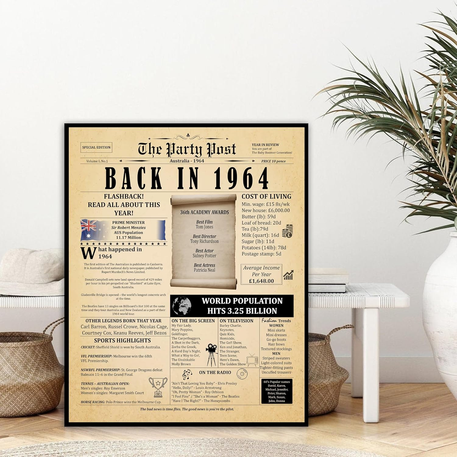 61St Birthday Party Decorations Poster - 61 Years Ago Anniversary Sign A3 Size. Vintage Home Decor Supplies for Her or Him. Back in 1964 Historical Banner for Women or Men Turning 61 Years Old - Back In 1964 image number 5
