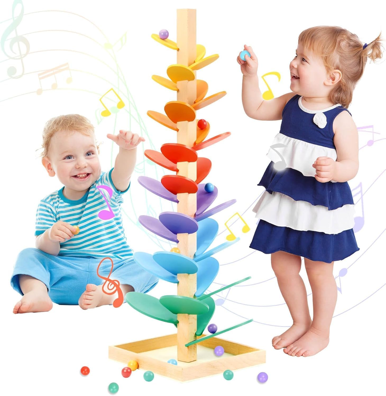 Wooden Marble Run Musical Tree Toy, Educational Ball Track Learning Game, Montessori Toys for Kids 3+ Years Old Marble Ball Run Learning Game, Wood Color Sorting Toys for 4-8 Boys and Girls Birthday