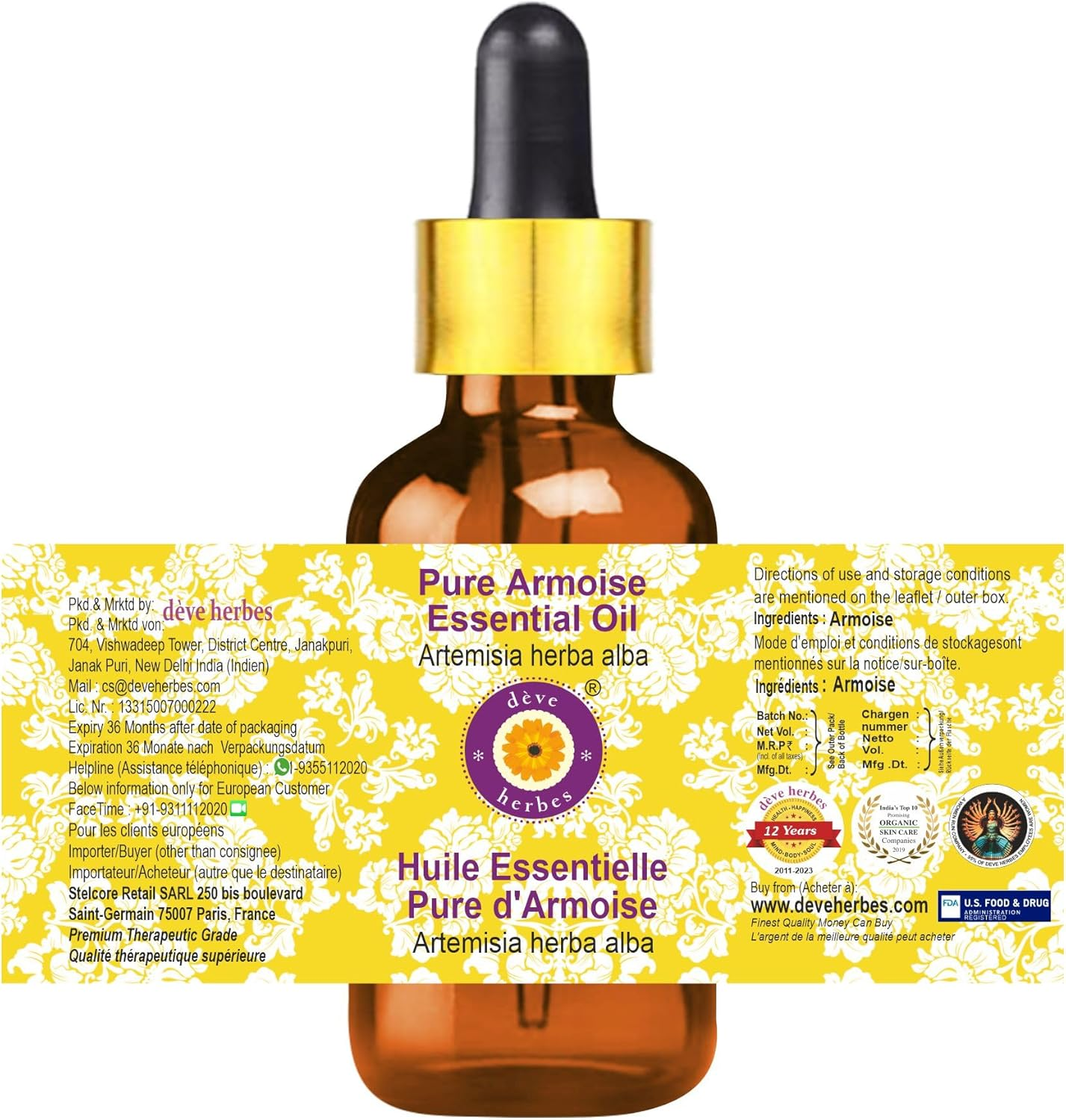 Deve Herbes Pure Armoise Essential Oil (Artemisia Herba Alba) with Glass Dropper Steam Distilled 30Ml (1 Oz)