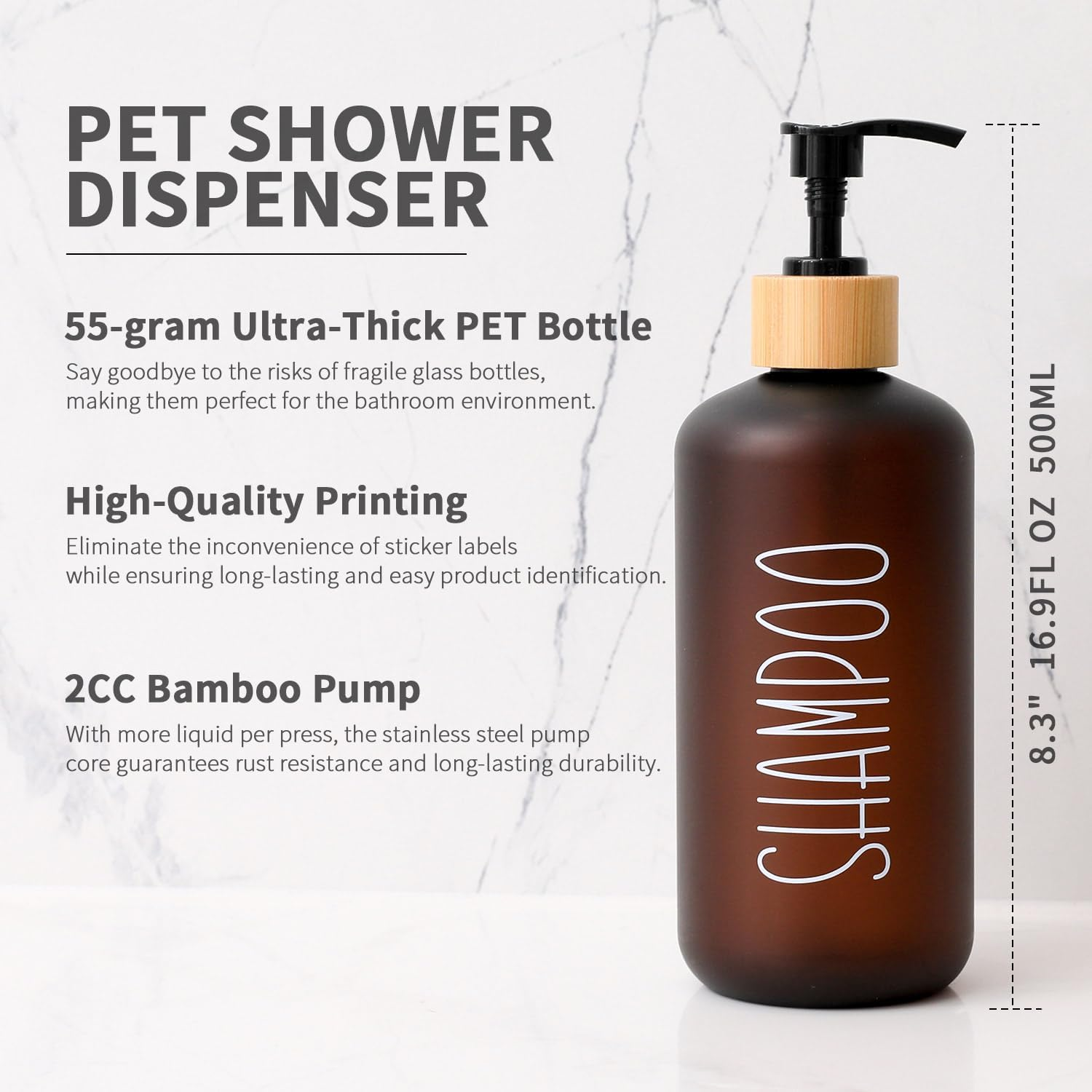 MOMEEMO Amber Shower Dispenser Set, Contains 3 Extra-Thick PET Plastic Bottles with Bamboo Pumps, Shampoo and Conditioner Dispenser for Shower Perfect for Modern Bathroom Decor. (Amber) image number 1