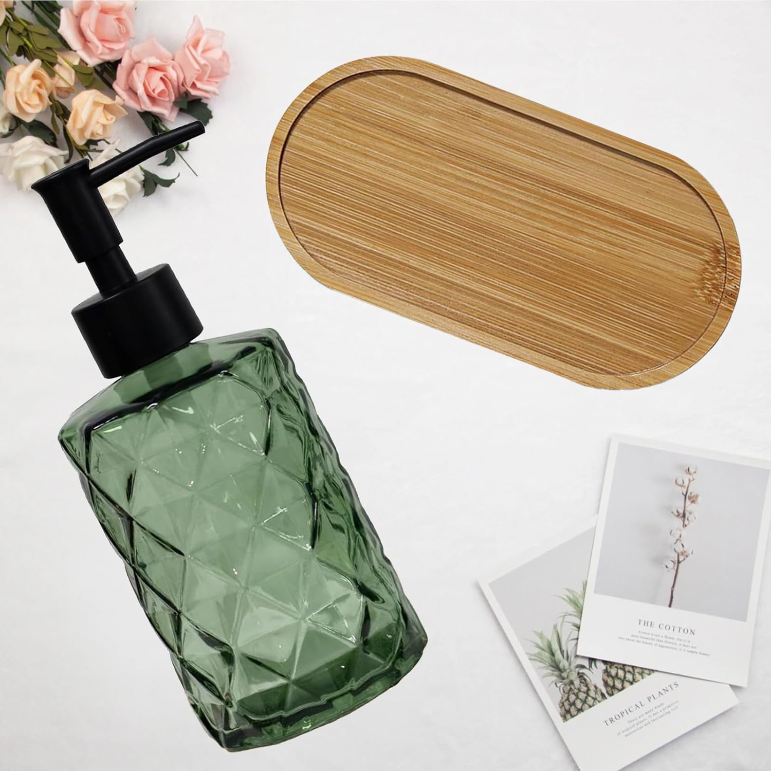 Glass Hand and Dish Soap Dispenser Set of 2 with Plastic Pumps, Bamboo Tray, 12Oz Green Bathroom Soap Dispenser with Diamond for Hand Wash & Dish Wash, Ideal for Bathroom Kitchen Countertop - Green Diamond image number 4