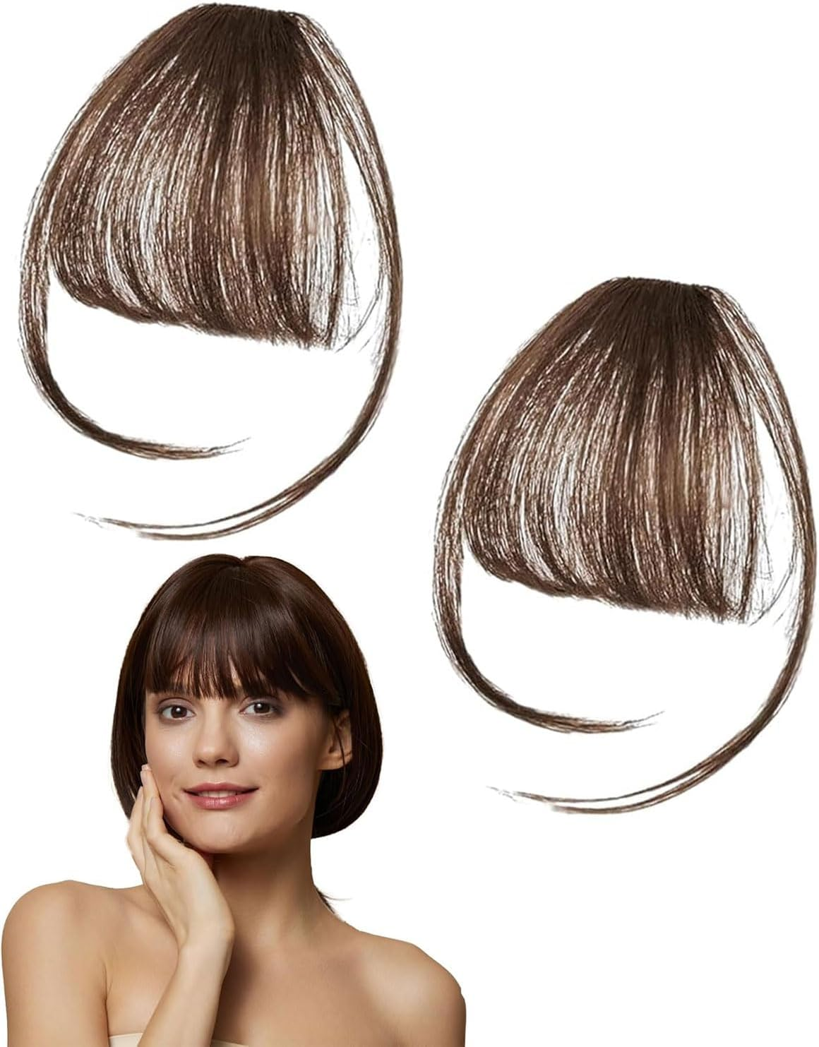 TPZORJX Pack of 2 Faux Wig Fringe, Fringe Clip on 100% Wig, Hair Clip on Fringe with Temples, Women'S Real Hair Extensions (Natural Black Brown) image number 5