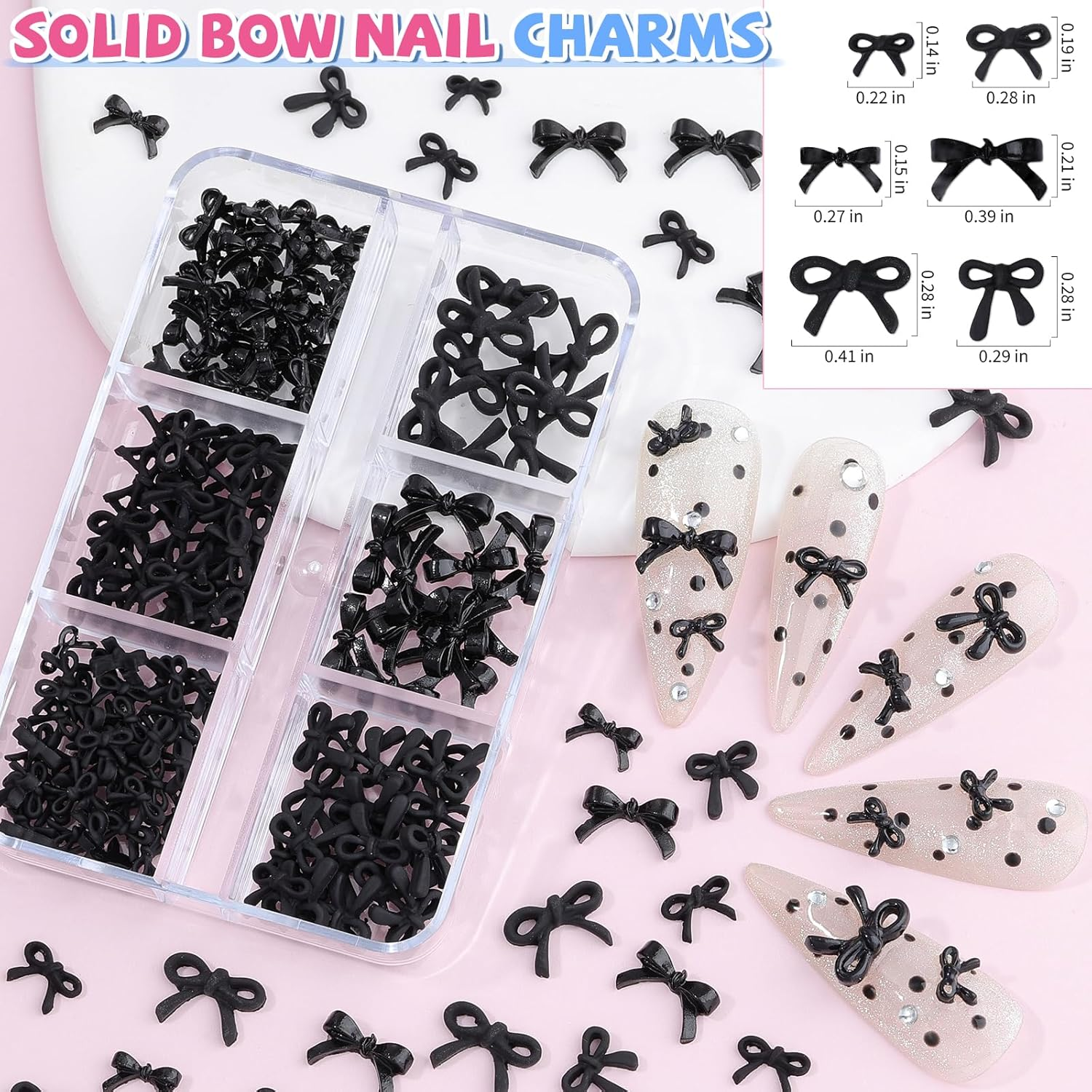 4 Boxes 3D Bow Nail Charms, Black/Silver/Gold Bows Charms Cute Resin Nail Bow Assorted Luxury Metal Bowknots with Pickup Tools for Women Nails Design Crafts DIY - 4B-Black image number 2