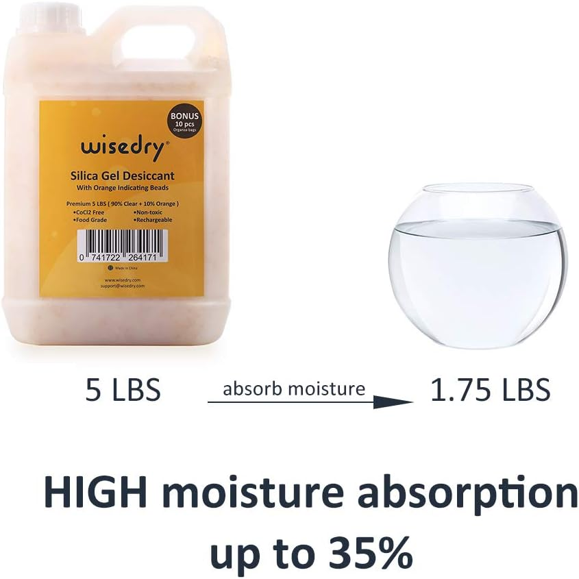 Wisedry [ 5 LBS ] Silica Gel Beads Reusable Color Indicating Rechargeable Desiccant Bulk with 10 Pcs Organza Drawstring Bags image number 3