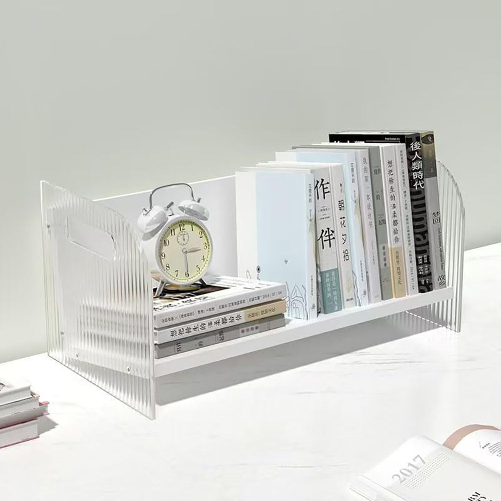Hbluefat Acrylic Desktop Bookshelf Organizer, Small Wood Desk Bookcase, Multipurpose Tabletop Storage Shelf Rack for Home Office (Wood)