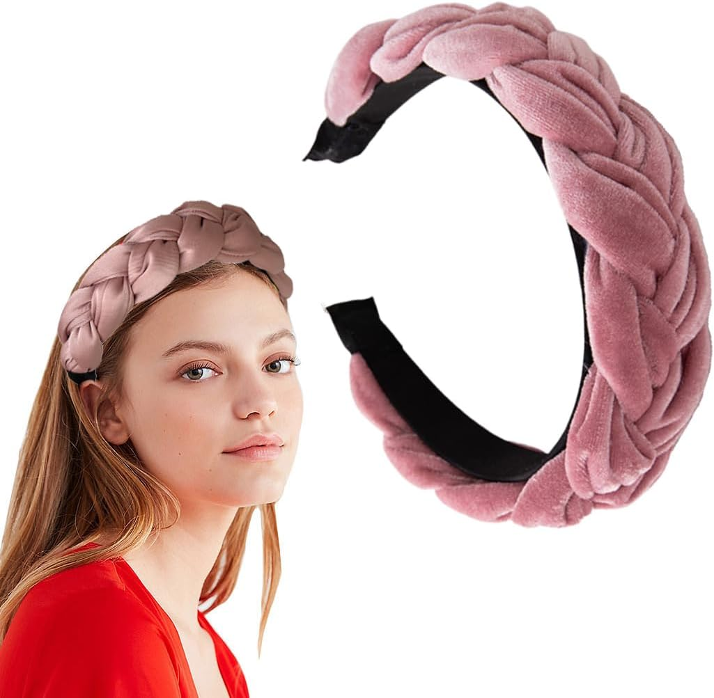 YUZNA Women'S Dirndl Velvet Braided Headband Pink Costume Headband Wide Oktoberfest Hair Accessories